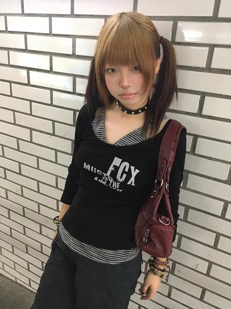 Cathy Dollette Gothic Print T Shirt Patchwrok Fake Two Pieces Top Vintage Crop Top 2000s Japanese Tshirts Tops