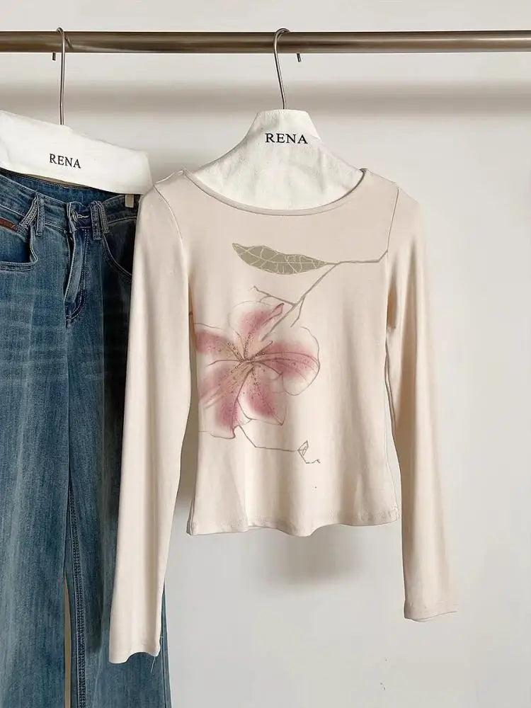 Cathy Dollette Fairycore Print Floral Graphic T Shirts Long Sleeve Korean Fashion Spring Top2000s Clothes Tees Female Clothing
