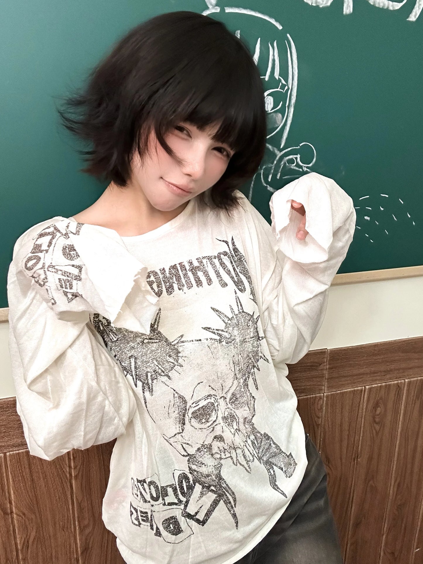 Cathy Dollette Japanese Vintage Loose Casual Print Graphic Top Grunge TopBroke Hole Tee TopAmerican Retro