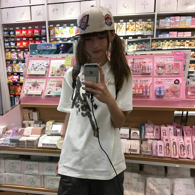 Cathy Dollette Japanese Graffiti Print Trashy 2000s Style Short Sleeve T Shirt Vintage Harajuku Loose Tee Shirt American