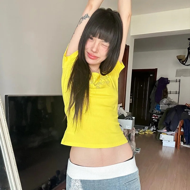 Cathy Dollette Yellow Rhinestones Crop Top