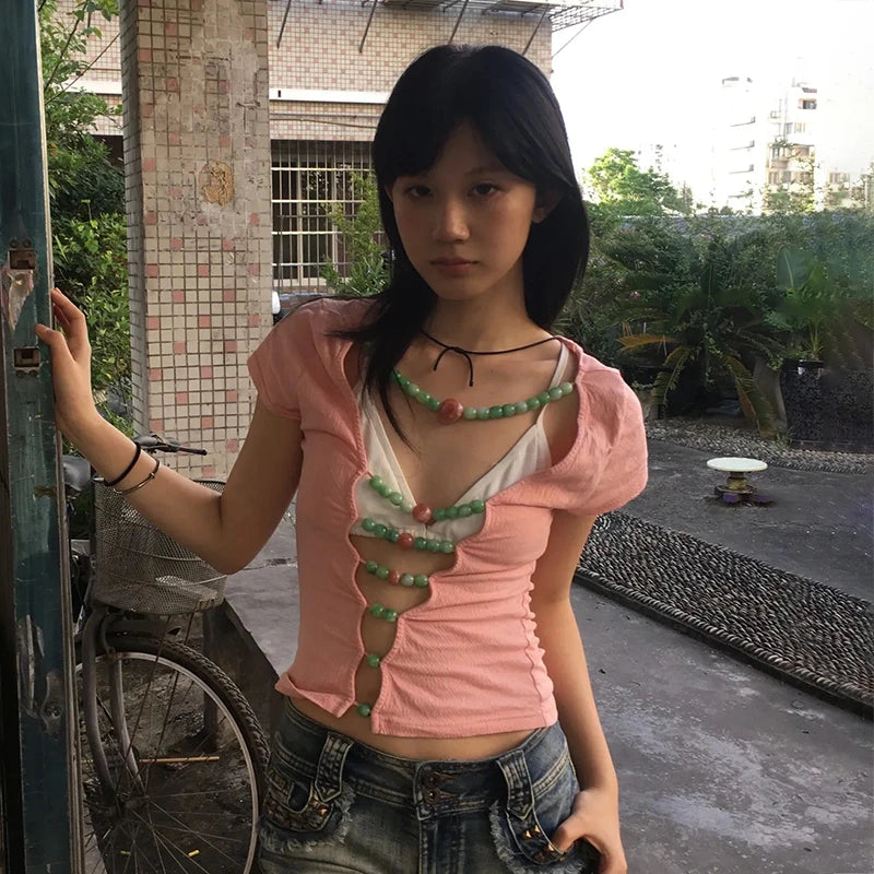 Cathy Dollette Japanese Hollow Out TopVintage Harajuku Beaded T Shirt 2000s s Short Sleeve Knit s American Retro