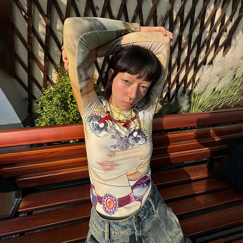 Cathy Dollette Japanese Anime Print 2000s s Long Sleeve Tee Shirt Vintage Harajuku Slim TopKawaii Lolita T Shirt
