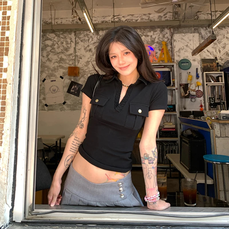 Cathy Dollette Harajuku Vintage T Shirt Short Sleeve Slim Pocket American Retro 90s Crop Top V Neck Tee Tops