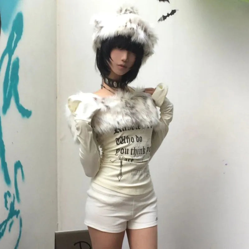 Cathy Dollette Japanese Fur Collar Top2000s s Off Shoulder Knit TopVintage Harajuku Letter Print Long Sleeve