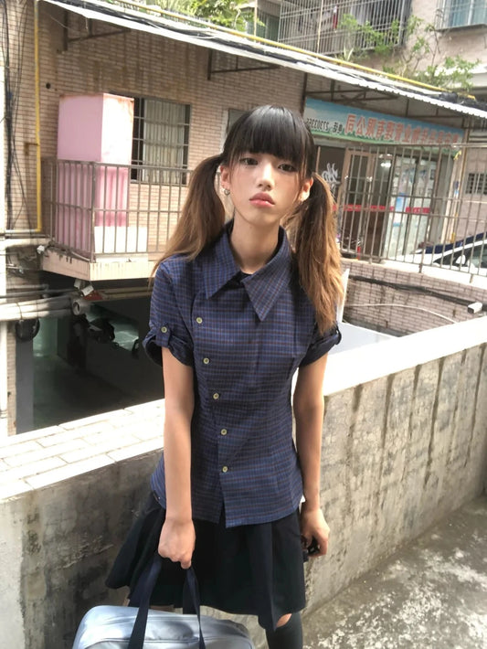 Cathy Dollette Japanese Shirt Short Sleeve Irregular Plaid Blouse And Shirt Grunge Top 2000s Shirts Tops