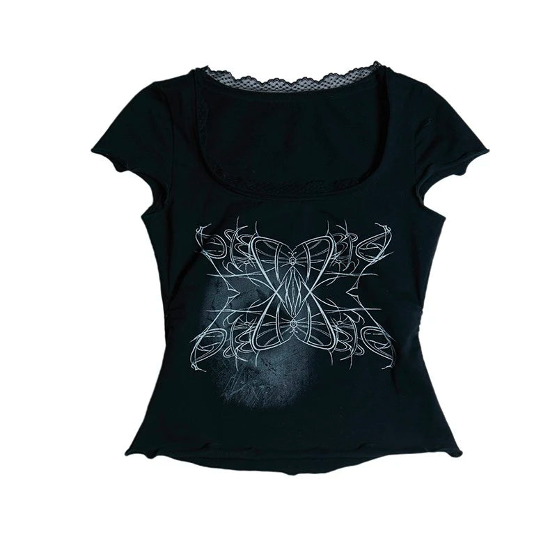 Cathy Dollette Japanese Tattoo Print Grunge s Lace Patchwork Short Sleeve T Shirt Vintage Gothic Black Crop Tops