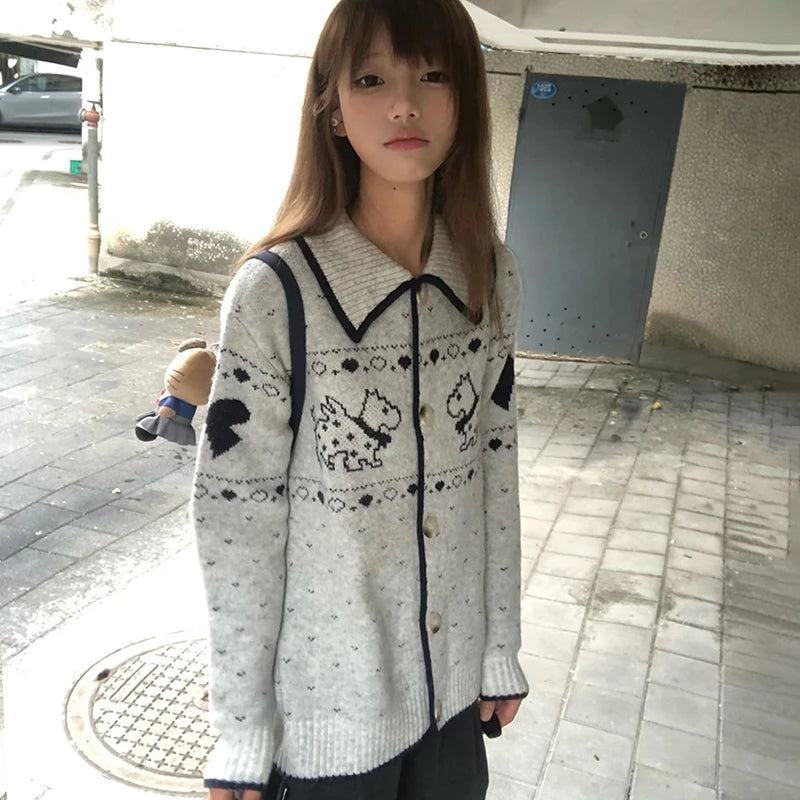 Cathy Dollette Japanese Puppy Embroidered Cardigan 2000s Style Turn-down Collar Knitted Outerwears Vintage Harajuku Knitwear Korean