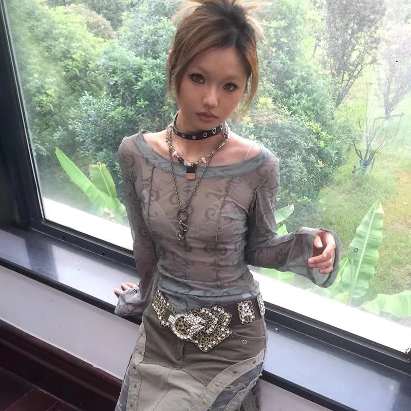 Cathy Dollette Grunge s Mesh TopJapanese Sheer TopVintage Harajuku See Through Crop Top Korean Fashion Tie Dye
