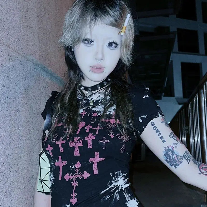 Cathy Dollette Gothic Graphic T Shirts Woman Clothes Short Sleeve Japan Style 2000s Clothes Summer TopBlack Tees Female Clothing
