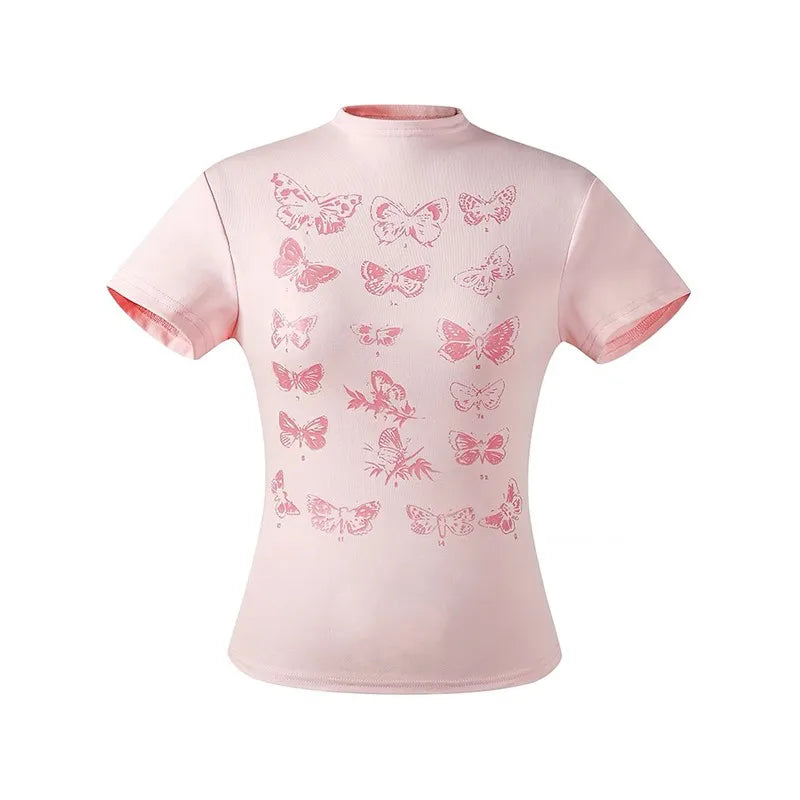Cathy Dollette Korean Style Cotton T Shirt Short Sleeve Butterfly Vintage Top 2000s Pink Skinny Tshirts Summer