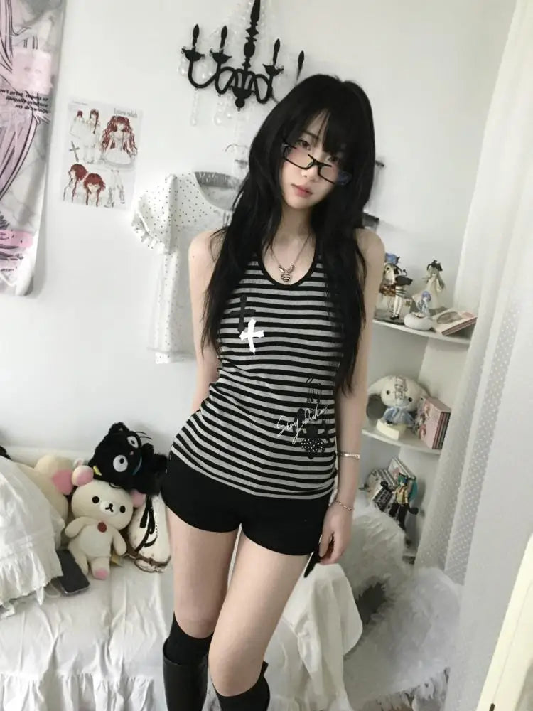 Cathy Dollette Hotsweet Tank Top Striped Vest 2000s Clothes Female Clothing Skinny Sleeveless Korean Fashion Print Top Chic Tops