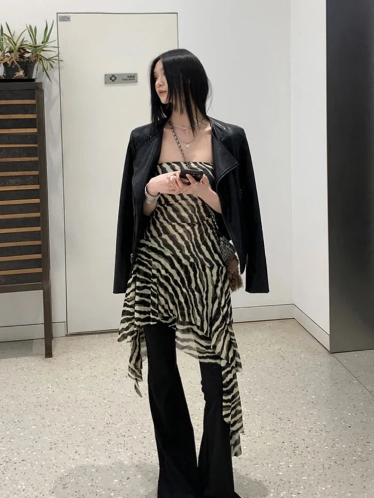Cathy Dollette Asymmetrical Zebra Stripes Strapless Chest Wrap 2000s Clothes Slim Sexy Tanks & Camis Corset Gothic Summer TopChic