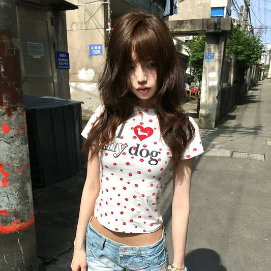 Cathy Dollette Japanese Print T Shirt Short Sleeve Slim 2000s Graphic TopKorean Style Vintage Tshirts Summer