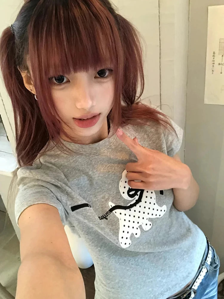 Cathy Dollette Korean Style T Shirt Short Sleeve Slim Print Graphic Top Vintage TopJapanese 2000s Tee Tops