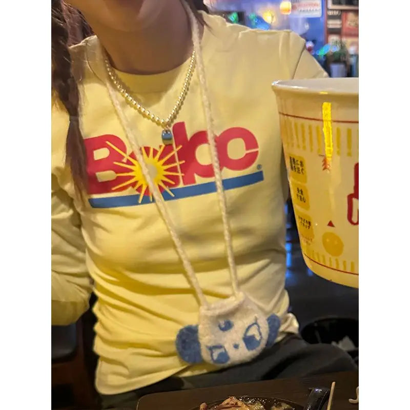 Cathy Dollette Hotsweet Yellow Graphic T Shirts Long Sleeve Spring Autumn TopCottton 2000s Clothes Print Tees Female Clothing
