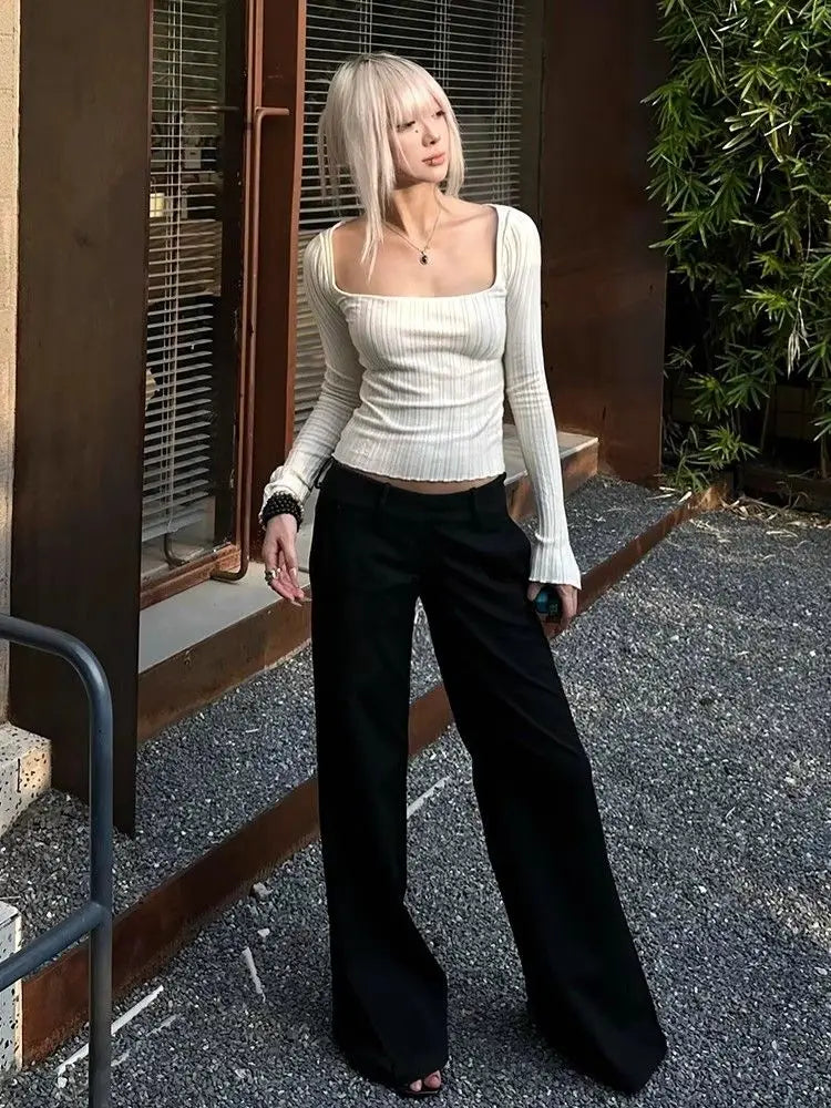 Cathy Dollette Hotsweet Square Collar Knitwear 's Long Sleeve Slim 2000s Clothes Pullover Autumn TopTees Female Chic