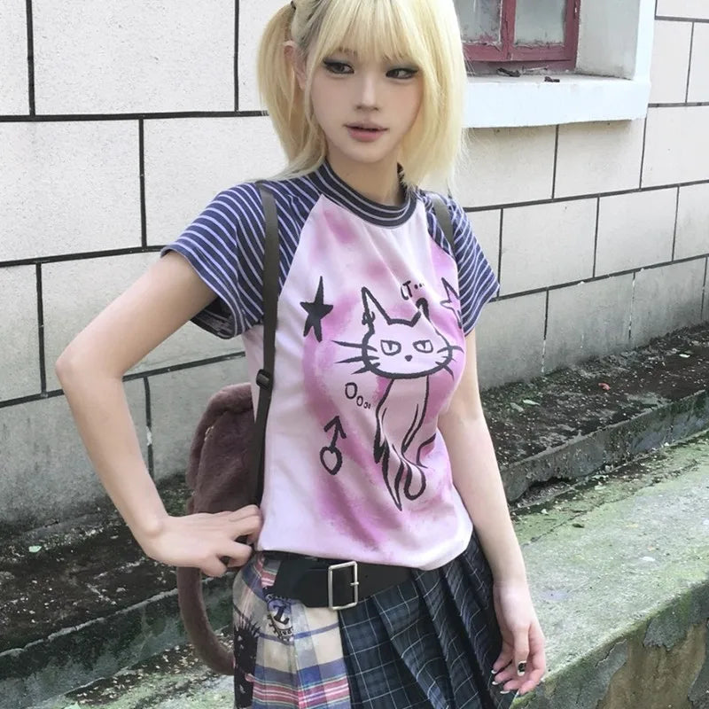 Cathy Dollette Japanese T Shirt Trashy 2000s Kitten Print s Grunge s Short Sleeve Patchwork TopVintage Harajuku