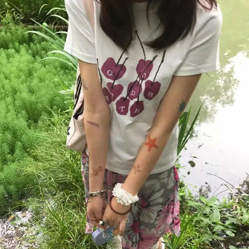 Cathy Dollette Harajuku T Shirt Short Sleeve Print Graphic TopKorean Style Vintage Tshirts White Slim Crop TopSummer