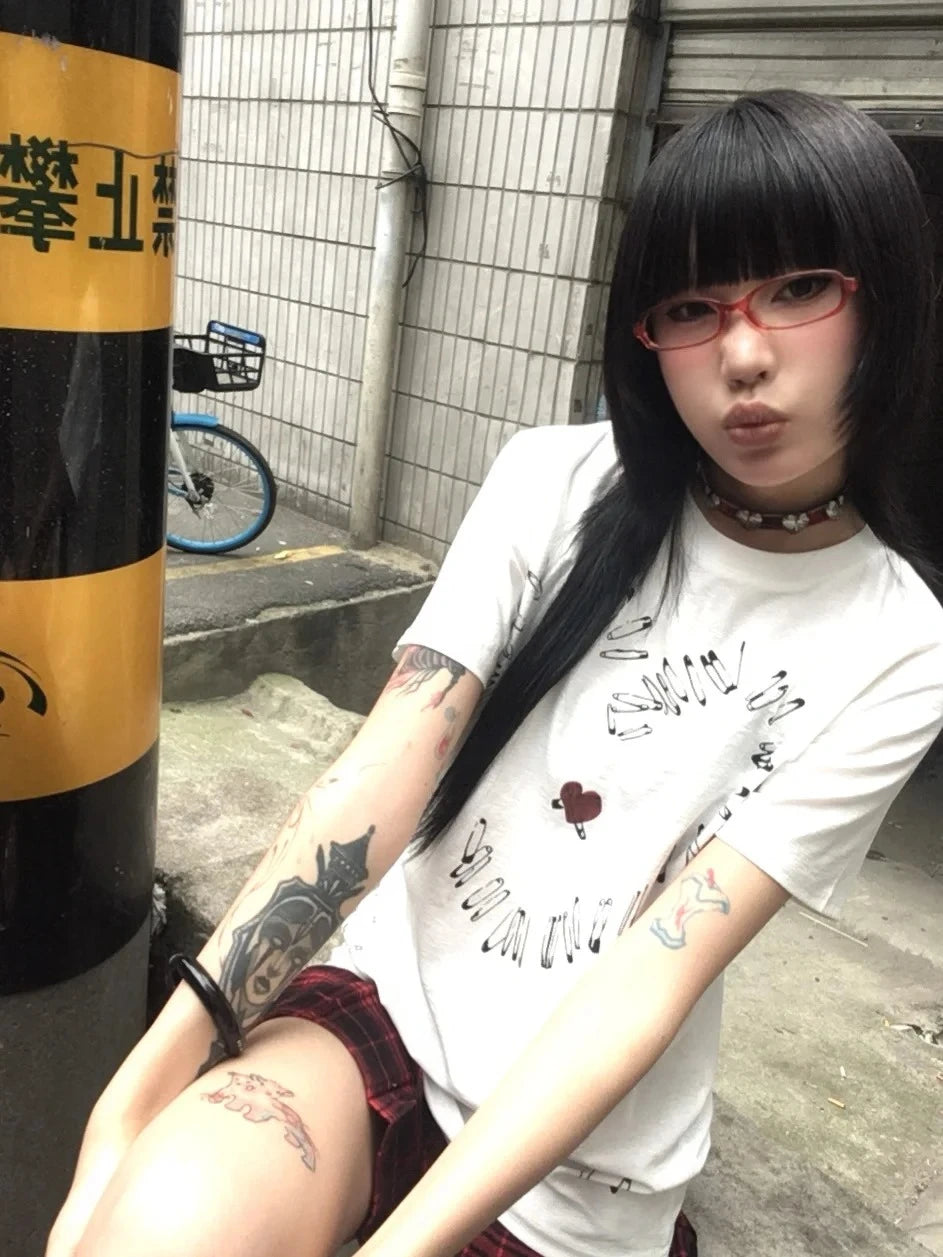 Cathy Dollette Gothic Retro T Shirt Short Sleeve Print Graphic Top Grunge TopWhite Japanese 2000s Tshirt E-girls