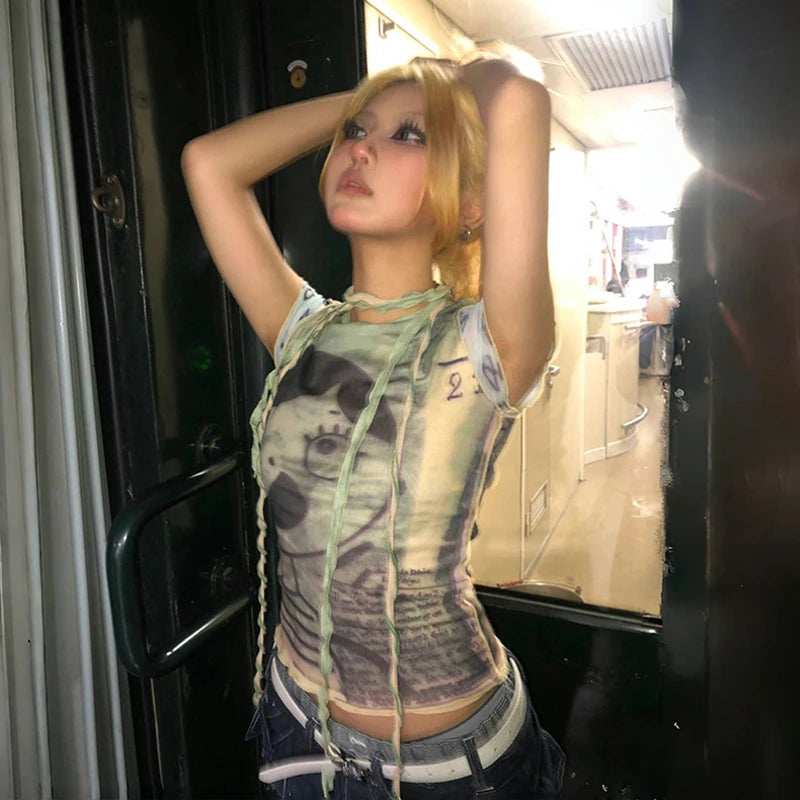 Cathy Dollette Green Harajuku Short Sleeve Mesh Top