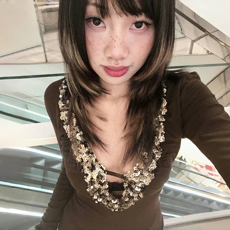 Cathy Dollette Japanese V-neck Sequin TopTrashy 2000s Style Sxey Long Sleeve Vintage Harajuku Slim TopAmerican Retro