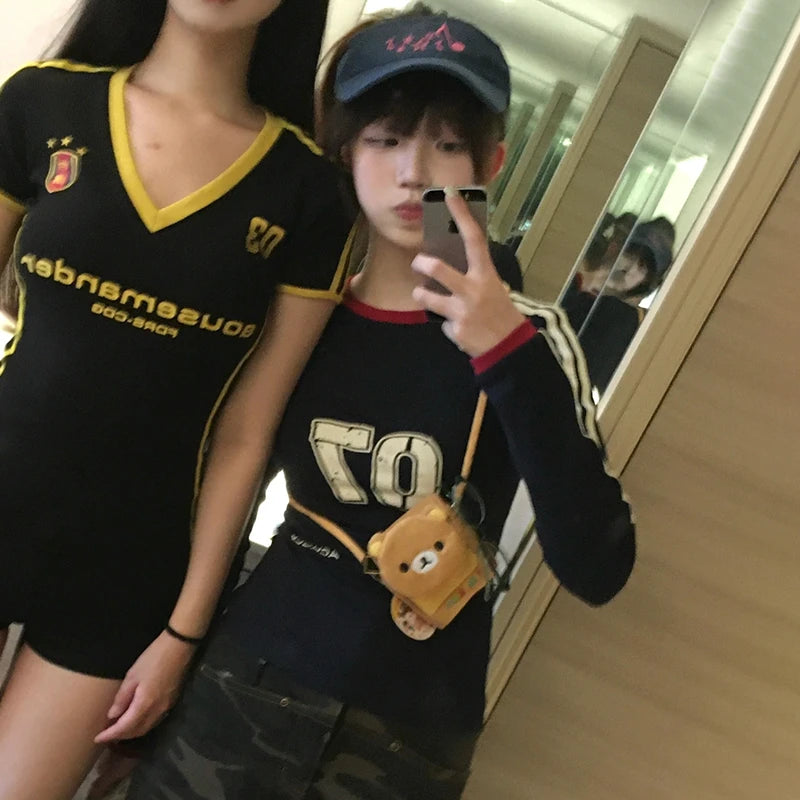 Cathy Dollette Japanese Letter Print T Shirt Vintage Harajuku Long Sleeve Jersey American Retro Streetwear 2000s s