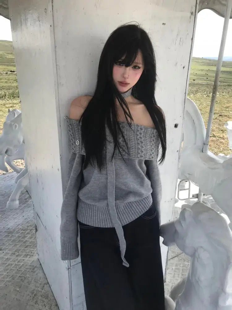 Cathy Dollette Off Shoulder Gray Knit Pullover Sweater