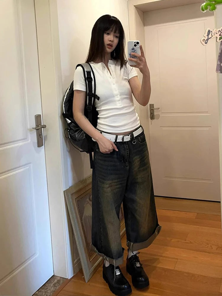 Cathy Dollette Hotsweet Solid T Shirt Clothes Buttton Short Sleeve Slim Summer TopKorean Fashion 2000s Clothes Tees Female