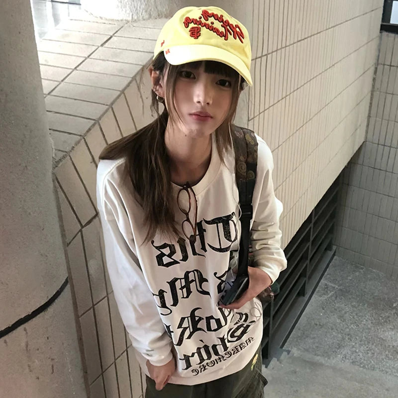 Cathy Dollette Japanese Letter Print 2000s Style Long Sleeve T Shirt Vintage Harajuku White Loose TopAmerican Retro 90s