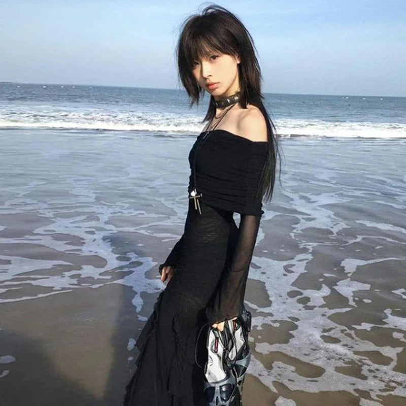 Cathy Dollette Black Mesh Side Slit Evening Gown