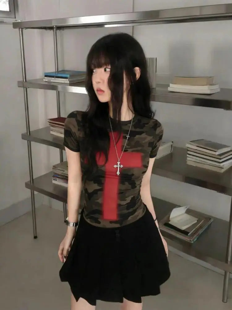Cathy Dollette Camouflage Cross Graphic T Shirts Woman Clothing Short Sleeve Slim Korean Fashion 2000s Clothes Print Summer Tops