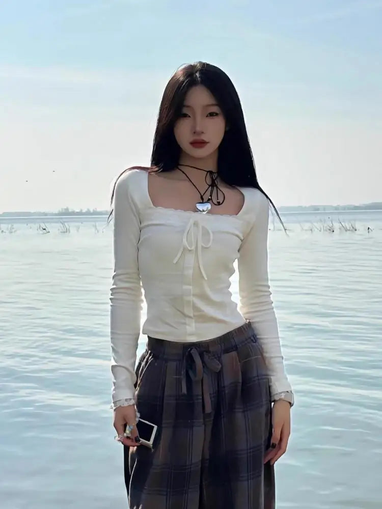 Cathy Dollette Hotsweet Square Collar 's Long Sleeve Korean Fashion 2000s Clothes Autumn TopTees Female Clothing