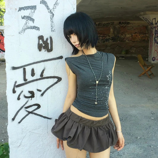 Cathy Dollette Japanese Irregular Crop TopOff Shoulder Diamonds Streetwear Grunge TopFairycore Tshirts