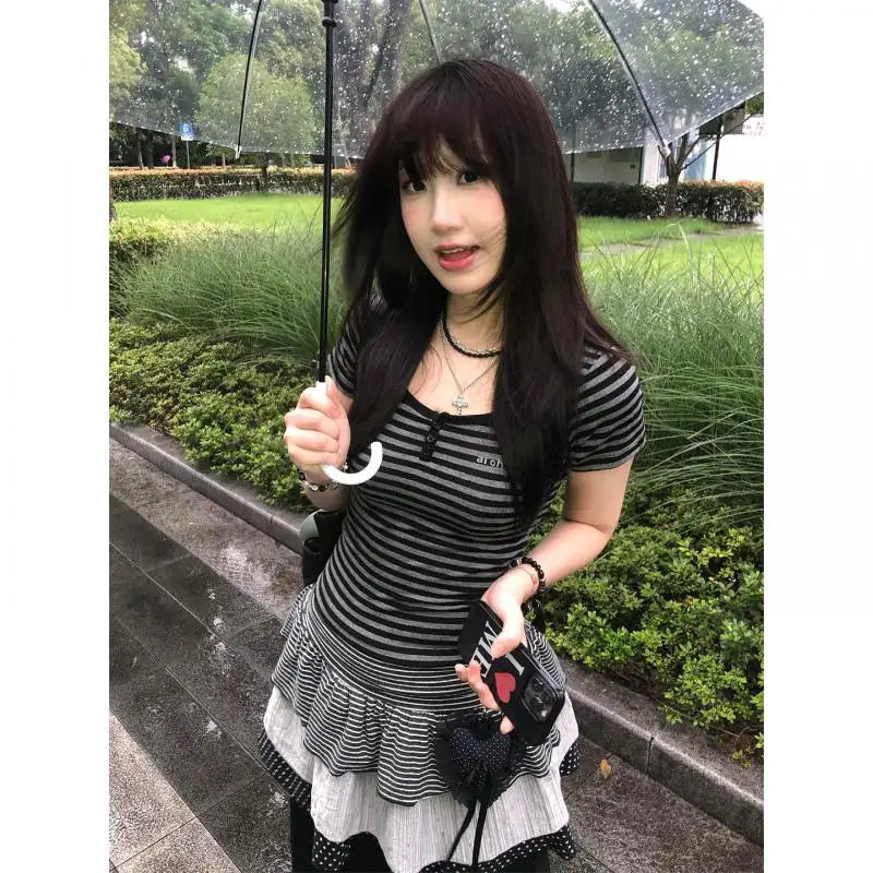 Cathy Dollette Hotsweet Striped 's Slim Summer Short Sleeve Korean Fashion 2000s Clothes Tees Female Clothing