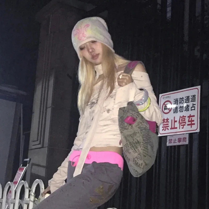 Cathy Dollette Japanese Off Shoulder TopWith Scarf Trashy 2000s Style Graffiti Print Vintage Harajuku Flare Sleeve Tops
