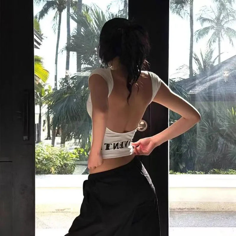 Cathy Dollette Hotsweet Backless Graphic T Shirts Short Sleeve Print Letter Summer TopSlim 2000s Clothes Tees Female Clothing
