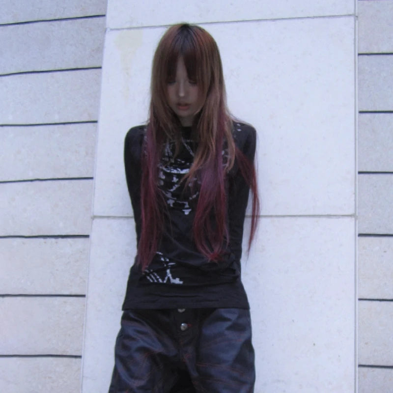 Cathy Dollette Grunge s Tattoo Print Trashy 2000s Style Fake Two-piece Top Japanese Streetwear Gothic American 00s