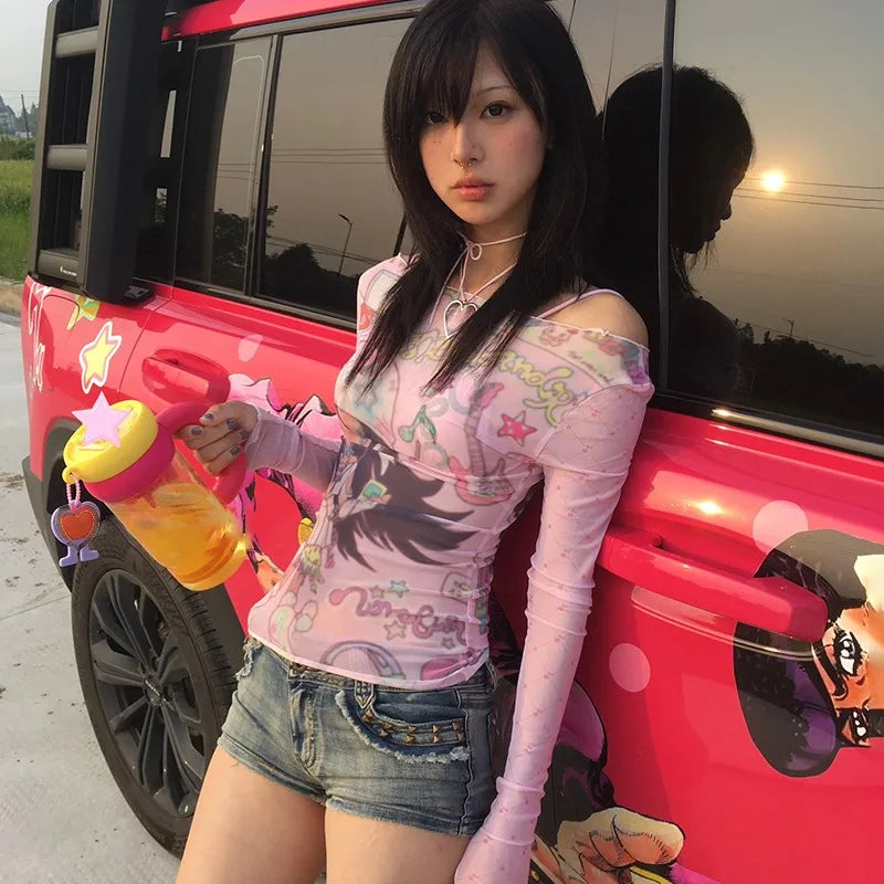 Cathy Dollette Pink Anime Sheer Mesh Top