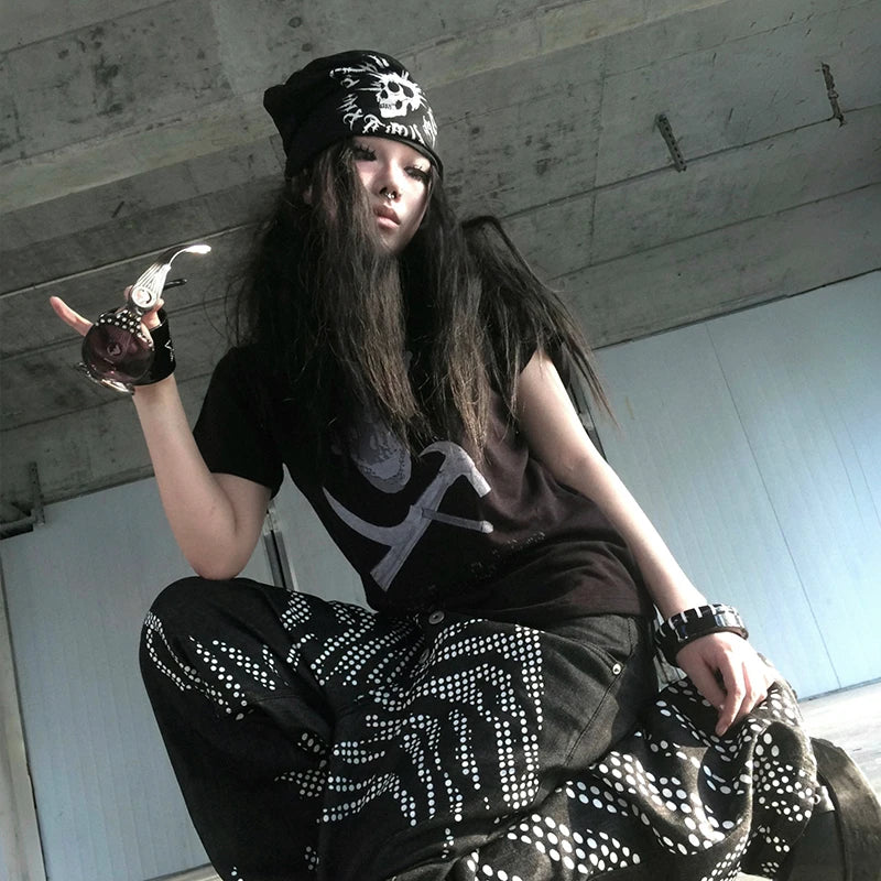 Cathy Dollette Grunge s Skull Print Trashy 2000s Style Crop TopJapanese Short Sleeve Tee Shirt Gothic Punk 90s