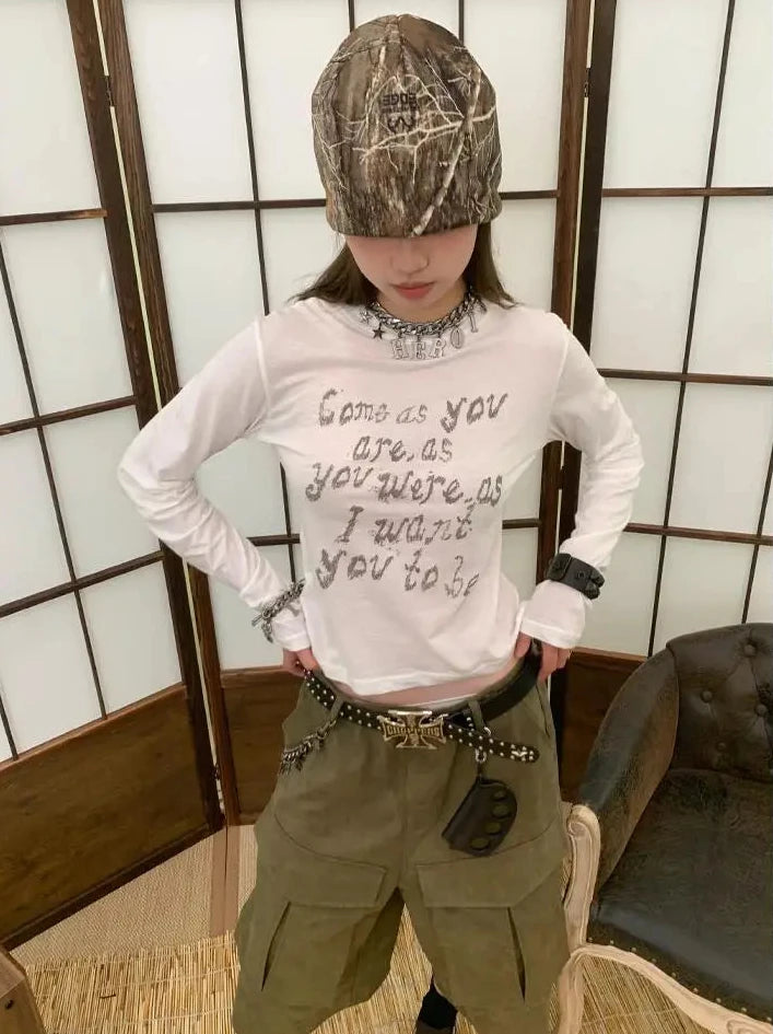Cathy Dollette Vintage Print Letter T Shirt See Through White Graphic Top Grunge Top American Retro