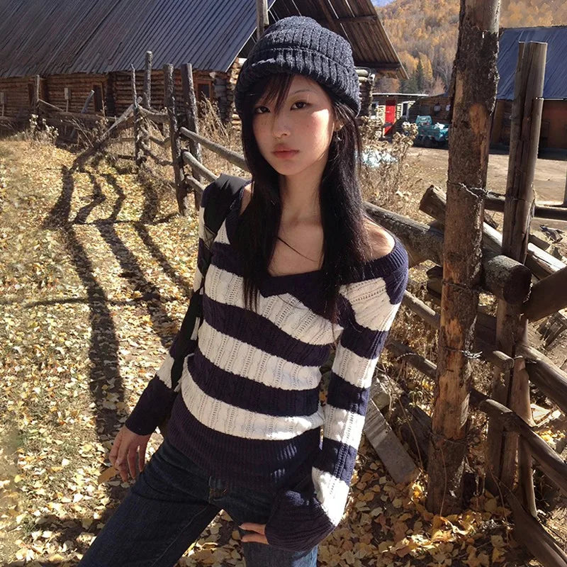 Cathy Dollette V-Neck Striped Knit Pullover