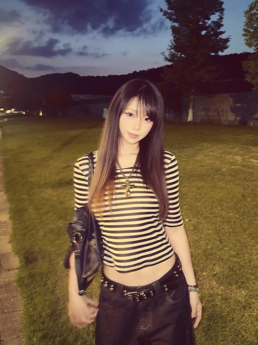 Cathy Dollette Fairycore Print T Shirt Three Quarter Japanese 2000s Crop Top American Retro Grunge TopSlim