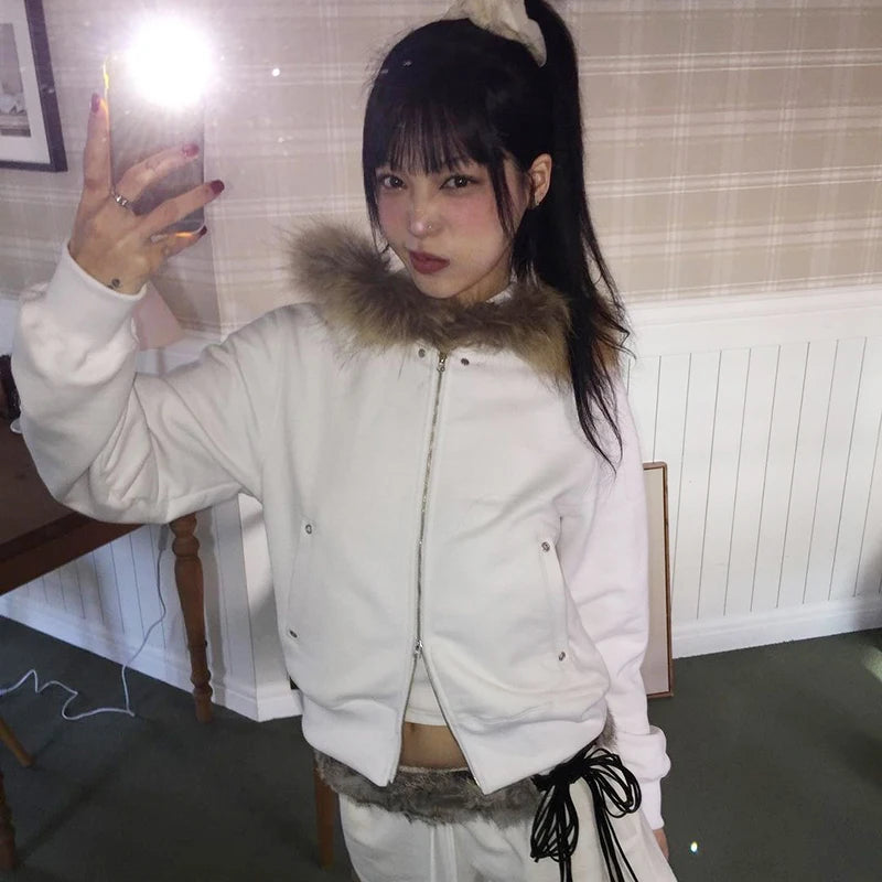 Cathy Dollette Japanese Thin Fur Coat Vintage Korean Style Black Hooded Jacket Grunge s Fur Collar Zipper Coat 00s