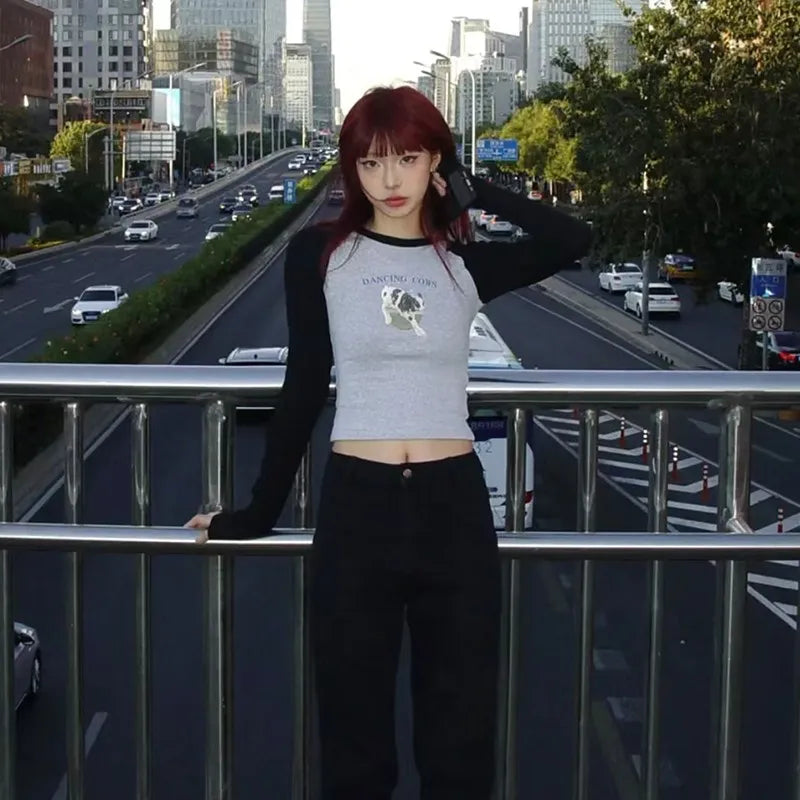 Cathy Dollette Japanese Hrajuku Crop Top s Patchwork 00s Grunge Slim TShirt Kawaii Fairycore 2000s Clothes E-girl