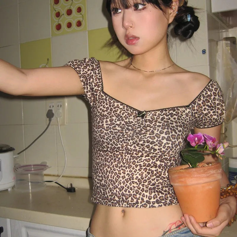 Cathy Dollette Japanese Leopard Print TopVintage Harajuku Short Sleeve Crop Top Trashy 2000s V-neck Lace Coquette Korean