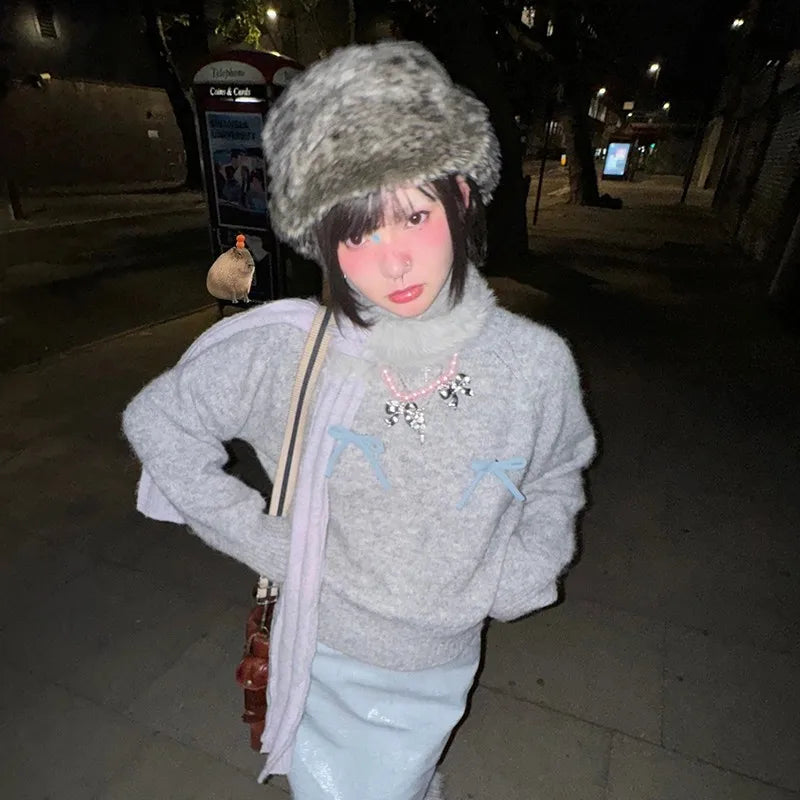Cathy Dollette Japanese Bow-knot Sweater Korean Style Gray Cropped Pullover Vintage Harajuku Knit Jumper 2000s s Knitwears