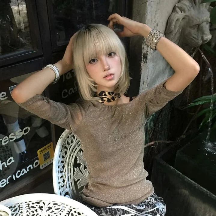 Cathy Dollette Brown glitter See Through Mesh Top