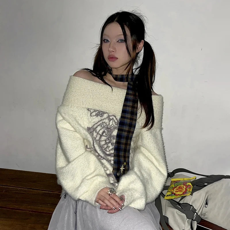 Cathy Dollette Japanese Embroidered Pullover Vintage Harajuku Thick Knitted Sweater Retro 2000s Style Knitwears Korean Fashion 90s