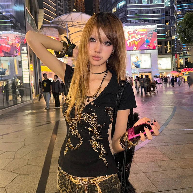 Cathy Dollette Grunge s Tattoo Print Japanese V-neck TopTrashy 2000s Style Short Sleeve Tee Shirt American Retro